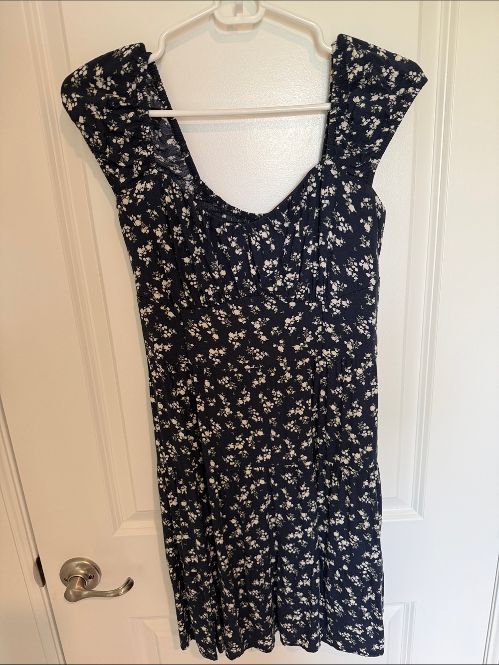 Hollister Navy and White Floral Square-Neck Dress- medium long